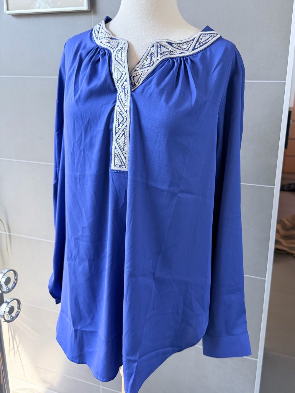 Bob Mackie Royal Blue Embroidered Notch-Neck Tunic